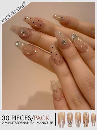 30pcs Chinese Coffin Shaped Nail Stickers, Minimalist Crystal Cute & Stylish Korean Nail Art Stickers, New Fashion Nail Tip Stickers, Comes With 1pc Jelly Gel And 1pc Anti-Slip Sticker, Suitable For Women's Party, Ball, Casual Wear, Reusable Nail Art Supplies