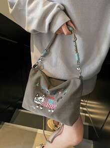 Japanese Style Embroidered Shoulder Bag, Unique Design Fashion Versatile Large Capacity Casual Messenger Bag, Lightweight Tote