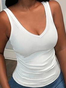 女士U领罗纹吊带背心，简约百搭设计，侧边垂褶，瑜伽健身休闲T恤背心，春夏白色上衣 - 白色 - 查看 2