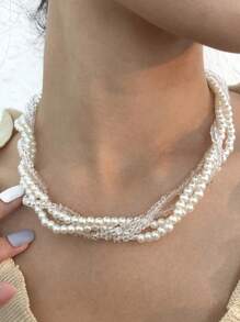 Fashionable Multi-Layer Pearl Necklace For Women, Elegant Vintage Exaggerated Choker Necklace - White - View 5