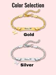 1pc Customized Baby Name Bracelet, Personalized Cute DIY Birthday Gift, Customizable Baby Jewelry, Stainless Steel Hypoallergenic Children's Bracelet, Fun New Year Gift, For Boys/Girls Valentine's Day, Gold/Silver, Crown, Pentagram, Butterfly, Heart - Gold - View 6