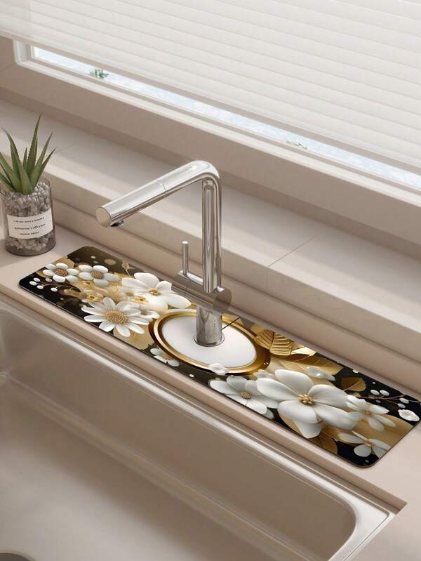 1pc Floral Pattern Sink Drain Mat Diatom Mud Absorbent Pad Sink Drain Mat Quick Drying Non-Slip Diatom Mud Absorbent Pad Mildew Proof Easy To Clean Cut Quick Drying