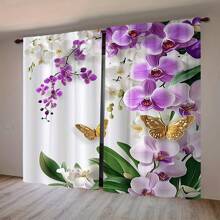 2pcs/Set Beautiful White & Purple Orchid Flowers And Golden Butterflies Digital Print Semi-Sheer Curtain, Spring, Rod Pocket Style, Polyester Material, Suitable For Living Room, Bedroom, Dining Room, Home Decor