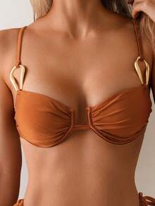 Sultry Sol Women's Vacation Style Steel Tote Bikini Two Pieces Set, With Shoulder Straps And Metal Waist Accessories, Suitable For Summer Island Vacations