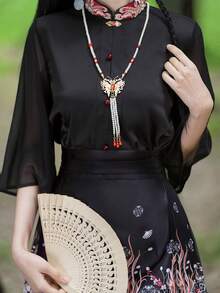 Spring & Summer Elegant Chinese Style Flower Embroidery Hanfu Top Tunic, Halloween