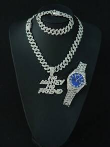 1 Set Of European & American Style "No Money No Faiend" Alloy Pendant Rhombus Cuban Link Chain Necklace & Bracelet & Men's Watch Gift Box Jewelry Set, Suitable For Daily Wear - NO MONEY NO FAIEND - View 16