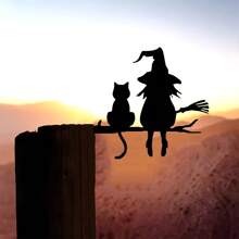 Decoración de pared de silueta metálica - Bruja y gato, adecuada para decoración del hogar, jardín y patio | Regalo ideal para cumpleaños y inauguración de la vivienda