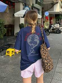 Áo phông cổ tròn tay ngắn màu xanh navy đơn giản và thường ngày, đa năng, du lịch, phong cách kỳ nghỉ hè mới dành cho nữ Romans 8:18 - Màu xanh hải quân - Xem 5