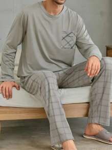 2 pièces Ensembles de pyjama pour hommes, Top à manches longues et pantalon long, motif à carreaux mode, vêtements de détente casual pour le printemps, l'automne et l'hiver, avec poche, col rond, tissu tricoté élastique, vêtements d'automne