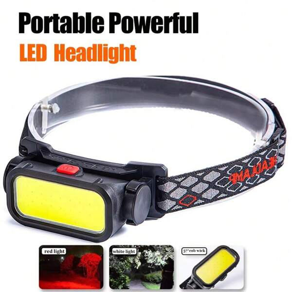 1 Pc COB Floodlight Headlamp With Red Warning Light, Type-C Fast Charging, New Cross-Border Model, For Outdoor Fishing Night Lighting