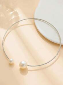 2 件奢华优雅水钻仿珍珠手链项链套装，简约百搭女士珠宝礼物 - 銀色 - 查看 6