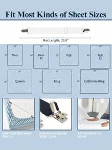 2/4PCS/Set Of White Bed Sheets With Adjustable Elastic Bed Sheets And Heavy-Duty Bed Sheet Fasteners With Metal Clips For Mattress Covers, Sofa Cushions, And Household Items