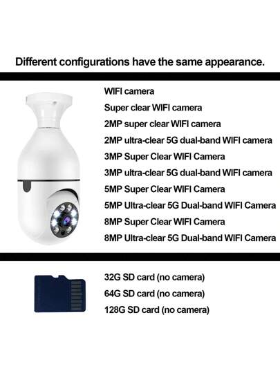1pc 8MP/5MP 1080P HD WiFi Bulb Camera, Dual 2.4G+5G/2.4G Selectable, 355° Horizontal 90° Vertical Rotation, Video, Motion Detection, Two Way Audio, Network PTZ Camera System, Home Security Monitoring (Cloud Storage TF Card Require Separate Purchase) view 10