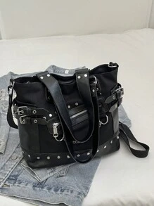 时尚百搭深色摩托车风格女士斜挎包 - 黑色 - 查看 2