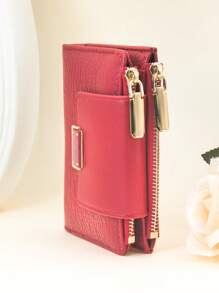 Nuevo monedero compacto con botón a presión para mujer, sofisticado, de piel sintética PU suave, billetera plegable, monedero, estuche para tarjetas, de color rojo, minimalista y práctico, monedero miniatura, pequeño monedero para mujer
