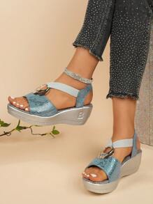 Plus Size Women's Snake Skin Pattern Strap Elastic Buckle Design Thick Platform Wedge Blue Sandals, Fashion Simple Waterproof Thick Sole Campus Style Breathable Beach Holiday Bohemian Thick Bottom Wedge Sandals