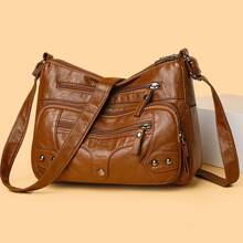 1pc Women Quilted Multi-Layer Outdoor Crossbody Bag With Rivets, Personalized Motocycle Style, Sports Vintage Shoulder Bag With Zipper Pockets For Phone & Coin
