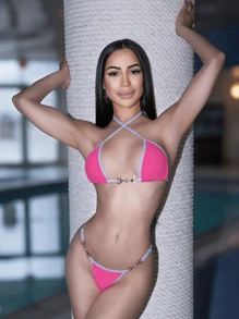 Carolina Barros Summer Beach Contrast Binding Halter Triangle Bikini Set - Hot Pink - View 1