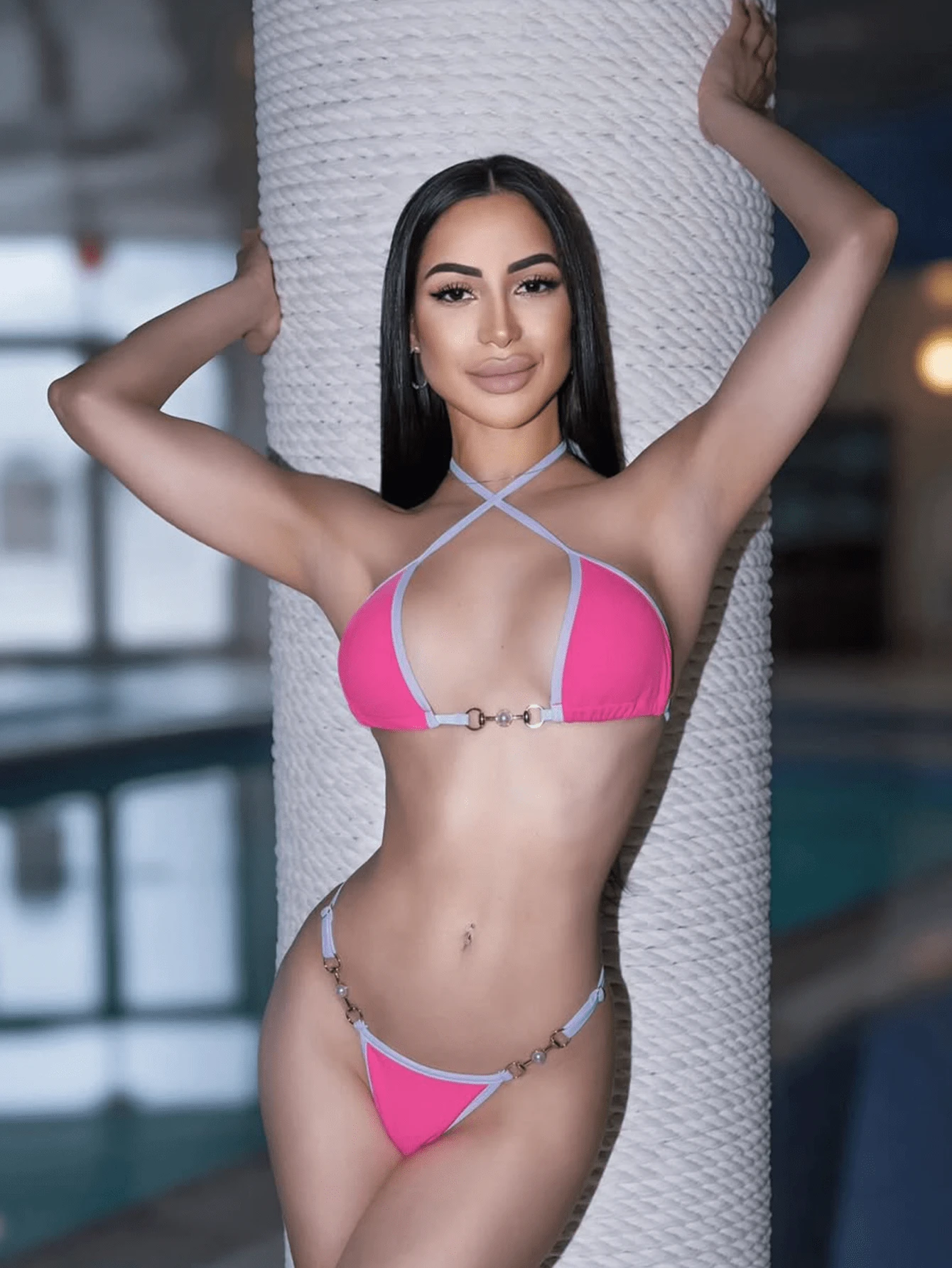 Carolina Barros Summer Beach Contrast Binding Halter Triangle Bikini Set - Hot Pink - View 1