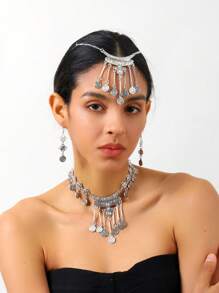 1 set de design de pièce de monnaie vintage arabe comprenant 1 chaîne de tête + 1 collier + 1 paire de boucles d'oreilles, convient aux femmes, cadeau de vacances