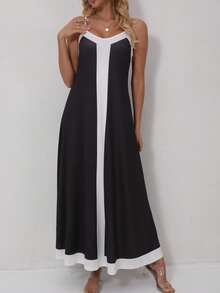 女士休闲优雅黑白撞色吊带针织长裙，夏季日常穿着舒适