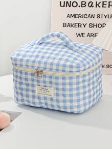 1 Pieza Bolsa de maquillaje con estampado de tablero de ajedrez para mujer, juego de bolsas de cosméticos azules lindas para decoración del hogar, bolsa con capacidad grande con asa, bolsa de maquillaje a cuadros azules, adecuada para almacenar brochas de maquillaje, lociones, limpiadores faciales, lápices labiales, pequeña bolsa de belleza para salones de uñas