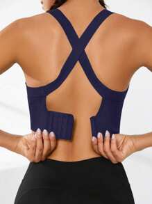 Seamless High-Elasticity And High-Support Sports Bra,Women Underwear Detachable Chest Pad With Cross-Strap Design,Women's Fitness Solid Color Simple Yoga Bra,Women Soft And Comfortable Sports Tops ,Multi-Color Options (Black/Brown/Blue/Hot Pink/Gray/Red) - 藏蓝色 - 查看 5