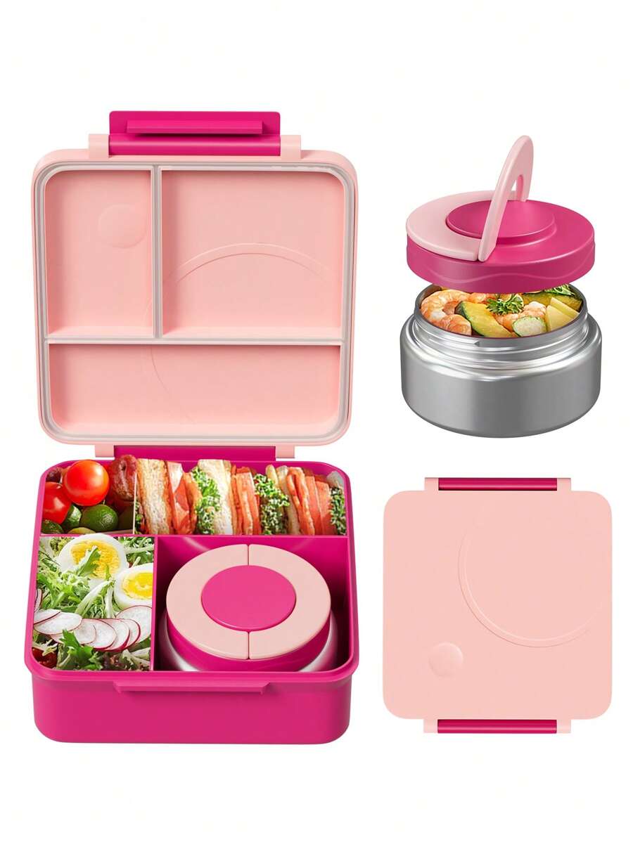 Bento Lunch Box With 9oz Soup Thermo, Leakproof Lunch Food Containers With 4 Compartment, Thermo Insulated Hot Food Jar For School, Office, Travel, And Picnics - Pink - View 1