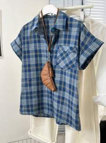 YUXIN Camisa de manga corta con hombros caídos y diseño de cuadros azules versátil y casual para uso diario para mujeres, parte superior de corte holgado, nuevo diseño de verano