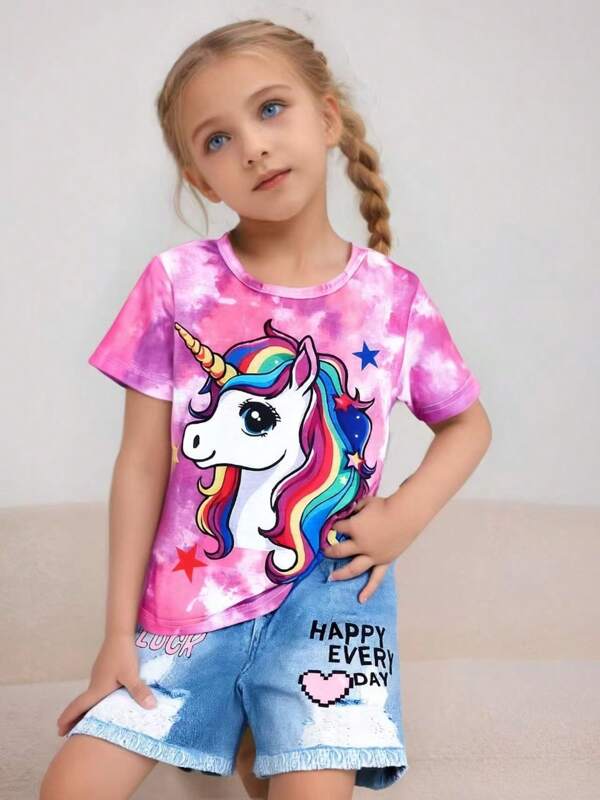 2pcs/Set Summer Young Girls Unicorn Print Casual Round Neck Short Sleeve Top And Letter Print Denim Effect Shorts