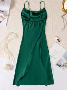 Sexy Sleepwear Charming Ruffled Draped Neck High Slit Slip Dress Lingerie - Dark Green - View 5