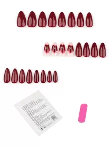 Set de 24 uñas postizas de forma de almendra larga, uñas de verano rojas y simples francesas, uñas falsas con estampado de flores, brillantes, adecuadas para mujeres y niñas en cualquier ocasión