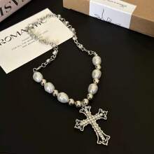 1pc Versatile Pearl Cross Necklace For Men And Women, Daily Wear Collar Necklace Accessory