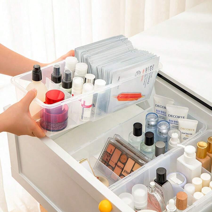 1pc Compartmentalized Cosmetic Storage Box, Drawer-Style Expandable Design, Suitable For Storing Makeup, Perfume, Lipstick, Skincare, Face Masks, Serums, For Vanity, Desktop, Bathroom, Bedroom Organization - Clear - View 1