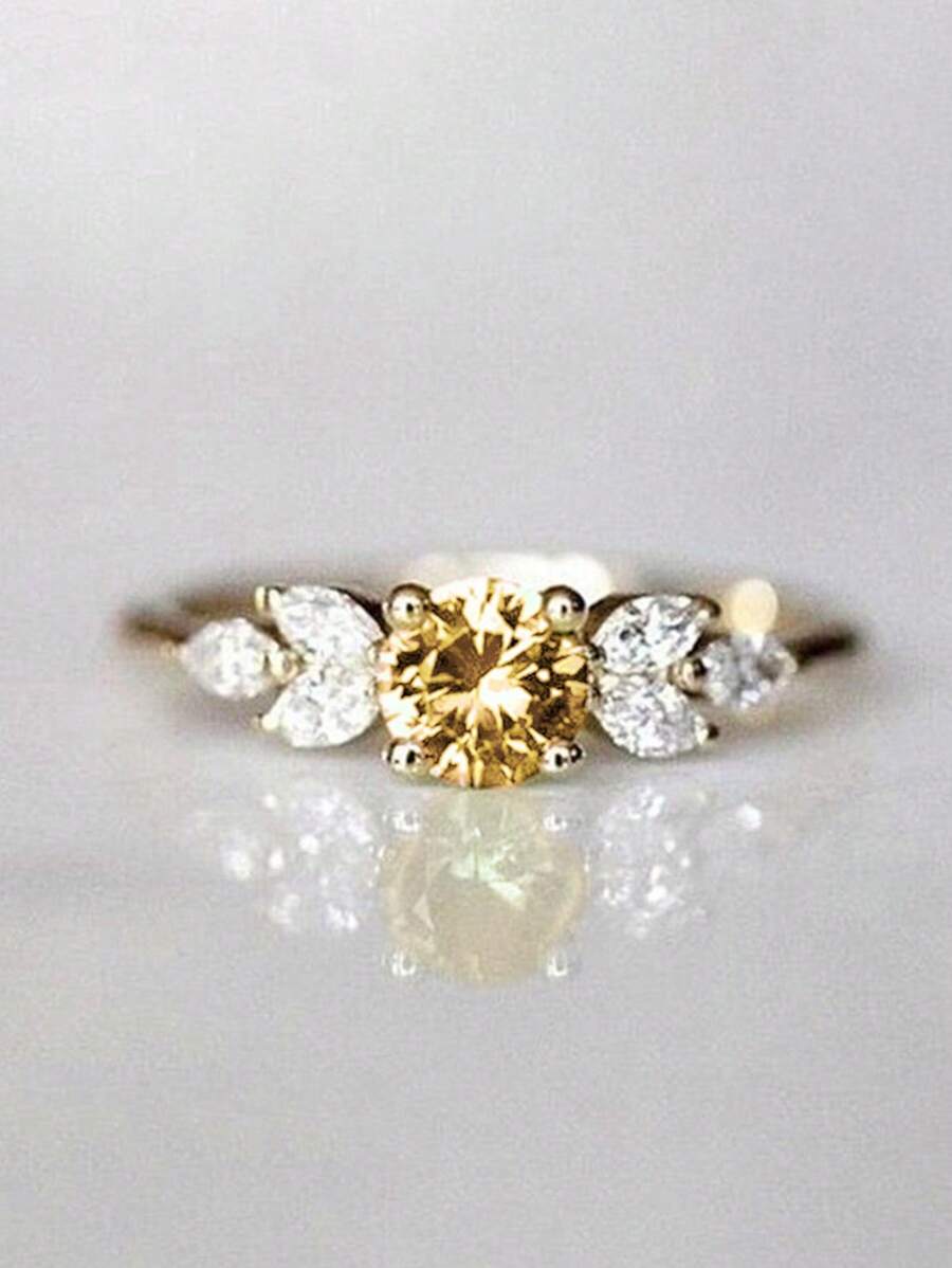 1 Chiếc nhẫn Cubic Zirconia thời trang dành cho phụ nữ dùng để trang trí tiệc cưới, đính hôn, kỷ niệm, quà tặng ngày lễ tình nhân - Màu vàng - Xem 1