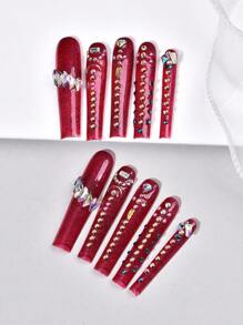 10Pcs Red Handmade Nails Set Press On Long Coffin Squaer False Nail With Rhinestone Glistening Design Reusable Full Cover Fake Nail,1pc Nail File And 1pc Nail Glue, Suitable For Girls And Women Festival Parties And Daily Wear Holiday Gifts Nail Art Nail Salon(Note: Handmade Slight Color Variation In Base Color, Accessories And Rhinestones Due To Batch Difference, Which Is Normal)