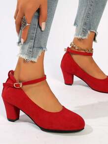 女士绒面玛丽珍鞋，系带粗跟圆头一脚蹬乐福鞋，度假风格