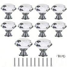 10 peças de maçanetas de armário de vidro de cristal, maçanetas de porta de móveis de cômoda, puxadores de gaveta, gaveta em formato de diamante de 30 mm, para guarda-roupa e armário, puxadores de maçanetas de armário, puxadores de maçanetas de gaveta de cozinha com parafusos