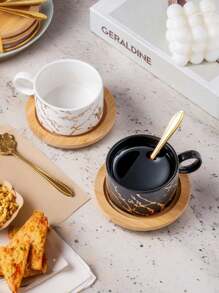 4pcs/Set Ceramic Marble Coffee Cup Set With Gold Stand, Including 4 Cups, 4 Saucers, 4 Spoons, Available In Turquoise Flower Design, 180ml Cappuccino/Latte Cups With Marble Pattern In Black Or White, Handled Espresso Cups