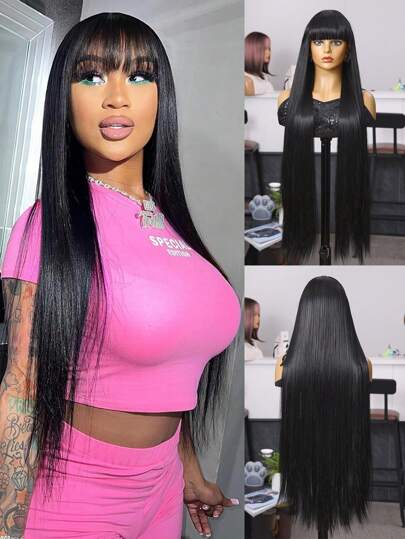 36 英寸黑色直发超长假发，带刘海，合成纤维耐热假发，全机器制造，适合日常聚会，高品质女士天然美丽合成柔软假纤维头发