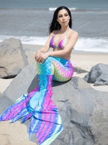 Carolina Barros بطباعة قشور السمك طقم بيكيني مثلث حمالة صدر & سروال بيكيني & ذيل حورية البحر تنورة بتغطية 3قطعات بدلة سباحة