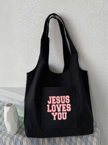 Letter Print Shopping Bag, Multi-Pocket Casual Bag, Vintage Letter Print Tote Bag, Jesus Love You Christian Print Cosmetic Bag, Large Capacity Tote Bag, Casual Hobo Bag Crossbody Bag For Graduates, Teen Girls, Freshmen, Sophomores, Juniors And Seniors (College And High School), Great For Outdoors, Travel And Back To School, Teacher Gift Pencil Case, Birthday Gift For Her Best Friend, School Shoulder Bag - Black - View 4