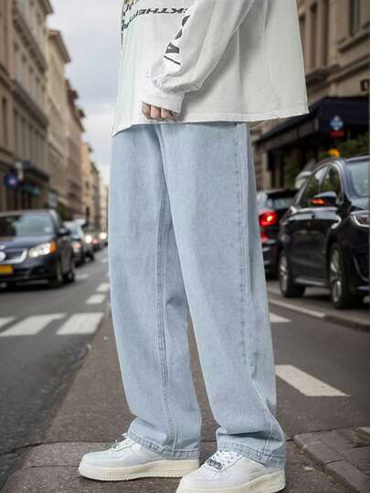 Vaqueros de hombre de color liso con pierna recta, vaqueros informales sueltos
