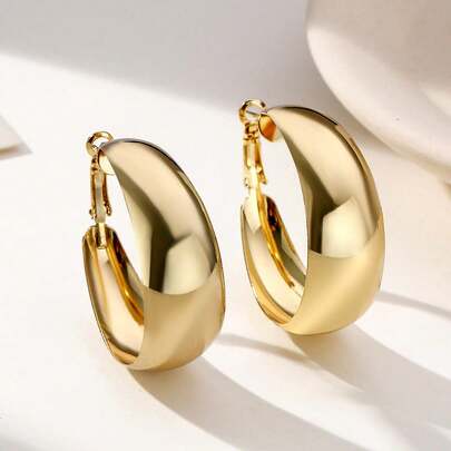 1 Pair Stainless Steel Curved High Polished C-Shaped Hoop Earrings For Women, Fashionable & Versatile