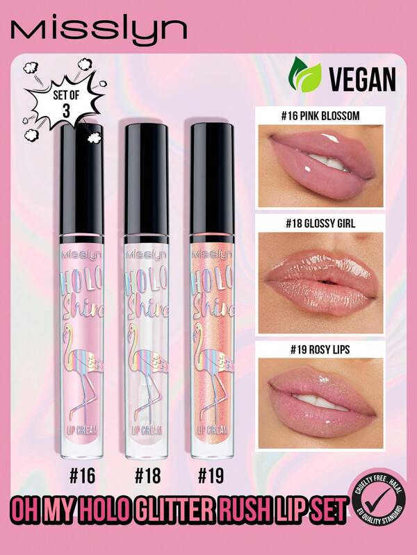 Misslyn 3Pcs, HOLO SHINE LIP CREAM, Lip Gloss, Water Gloss Lip Glaze Lip Gloss Lip Makeup Set. Non-Sticky, High Shine, Cream & Pearl Finishes,Highly Pigmented Color And Instant Shine, Glossy, Y2K Makeup Party Beach Travel Holiday Camping Outdoors Present Rose Fashion Girl New Year Cosmetic Cosplay Best Trip Festivals Color Fancy Campus School Charm Vibe Cny Chinese New Year, Valentine's Day Gift,Vegan,Cruelty Free