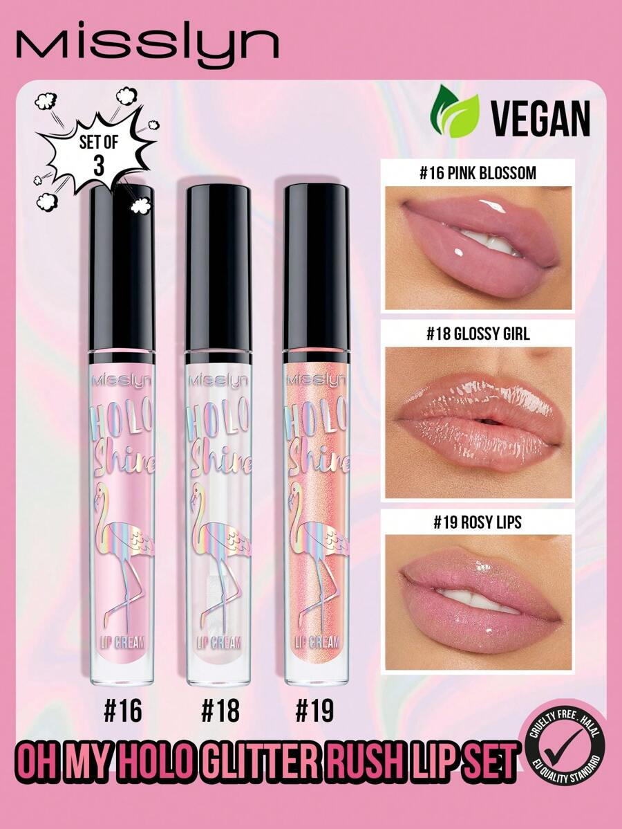 Misslyn 3Pcs, HOLO SHINE LIP CREAM, Lip Gloss, Water Gloss Lip Glaze Lip Gloss Lip Makeup Set. Non-Sticky, High Shine, Cream & Pearl Finishes,Highly Pigmented Color And Instant Shine, Glossy, Y2K Makeup Party Beach Travel Holiday Camping Outdoors Present Rose Fashion Girl New Year Cosmetic Cosplay Best Trip Festivals Color Fancy Campus School Charm Vibe Cny Chinese New Year, Valentine's Day Gift,Vegan,Cruelty Free