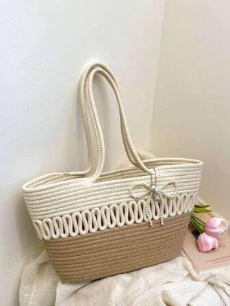 1 Peça Sacola de Ombro de Algodão Trançado de Cor Sólida, Sacola de Compras de Palha Artesanal de Alta Capacidade da Moda, Adequada para Uso Diário ou Férias de Mulheres
