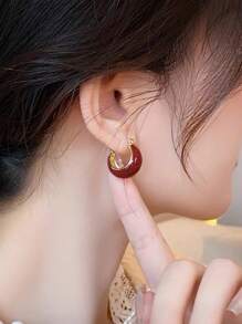 1 对奢华简约复古法式优雅独特时尚女式环形耳环 - 紅色 - 查看 5