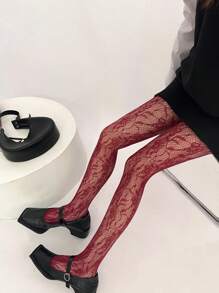 Pantimedia ligera y transparente de unicolor con diseño hueco, medias de red y encaje sexy en negro y rojo vino para mujeres