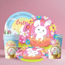 Set desechable de vajilla con temática de conejitos de pascua para fiestas de primavera - 10/20/80 piezas incluyendo vasos de papel, servilletas, platos de papel de 7/9 pulgadas, apto para fiestas de cumpleaños, reuniones familiares, reuniones de clase, picnics al aire libre